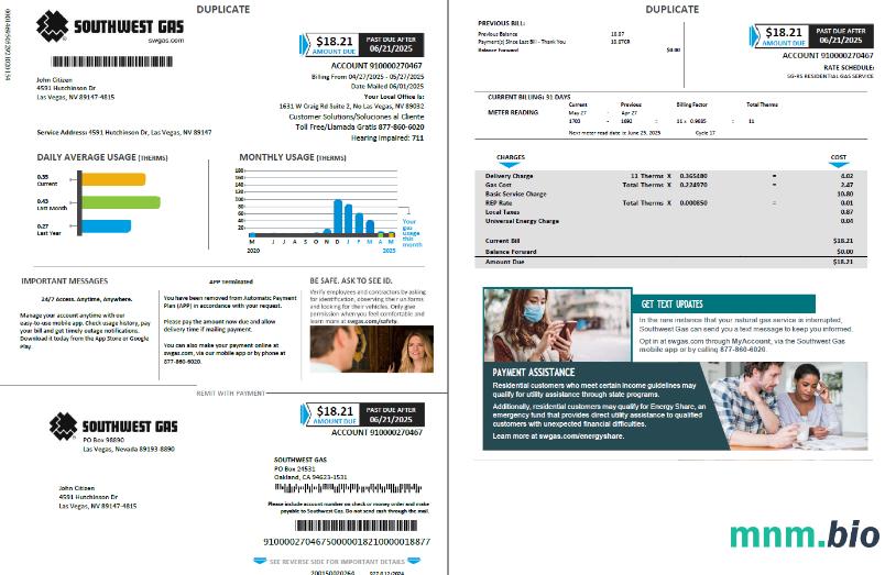 Szablon rachunku za media gazowe USA Southwest w formatach Word i PDF, 2 strony